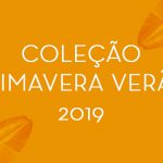 Coleção Primavera Verão 2019 com fundo laranja e elementos tropicais.