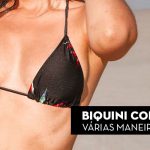 Biquíni cortininha preto com detalhes coloridos, destaque para texto "Biquini Cortininha Várias Maneiras de Usar".