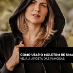 Mulher com moletom preto em ambiente ao ar livre, texto sobre uso sofisticado do moletom.