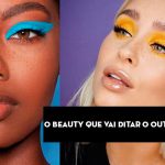 Maquiagem vibrante com olhos destacados em azul e amarelo, destacando tendências de outono/inverno 2019.