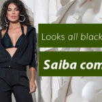 Mulher com biquíni preto e jaqueta, em fundo com folhas brancas, texto "Looks all black no verão".