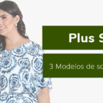 Mulher plus size usando saída de praia com estampa em tons de azul e verde. Texto: "Plus Size - 3 Modelos de saída de praia".