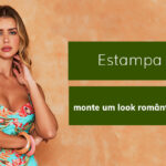 Mulher com vestido floral colorido em fundo laranja, texto 'Estampa Floral: monte um look romântico e harmonioso'.