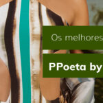 Maiô estampado com detalhes em azul e verde, destaque para texto "Os melhores maiôs da PPoeta by Líquido".