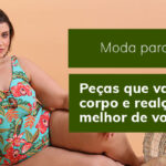 Mulher em maiô floral, sentada com cesta de palha ao lado, texto 'Moda para todas' e descrição de peças.