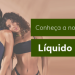 Duas mulheres em trajes de banho da coleção Líquido Bloom, com texto promocional ao lado.