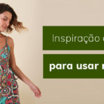 Mulher usando vestido estampado colorido com texto "Inspiração de looks para usar no Natal".
