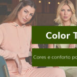 Duas mulheres em roupas confortáveis, sentadas em um café, com o texto "Color Trend" em destaque.